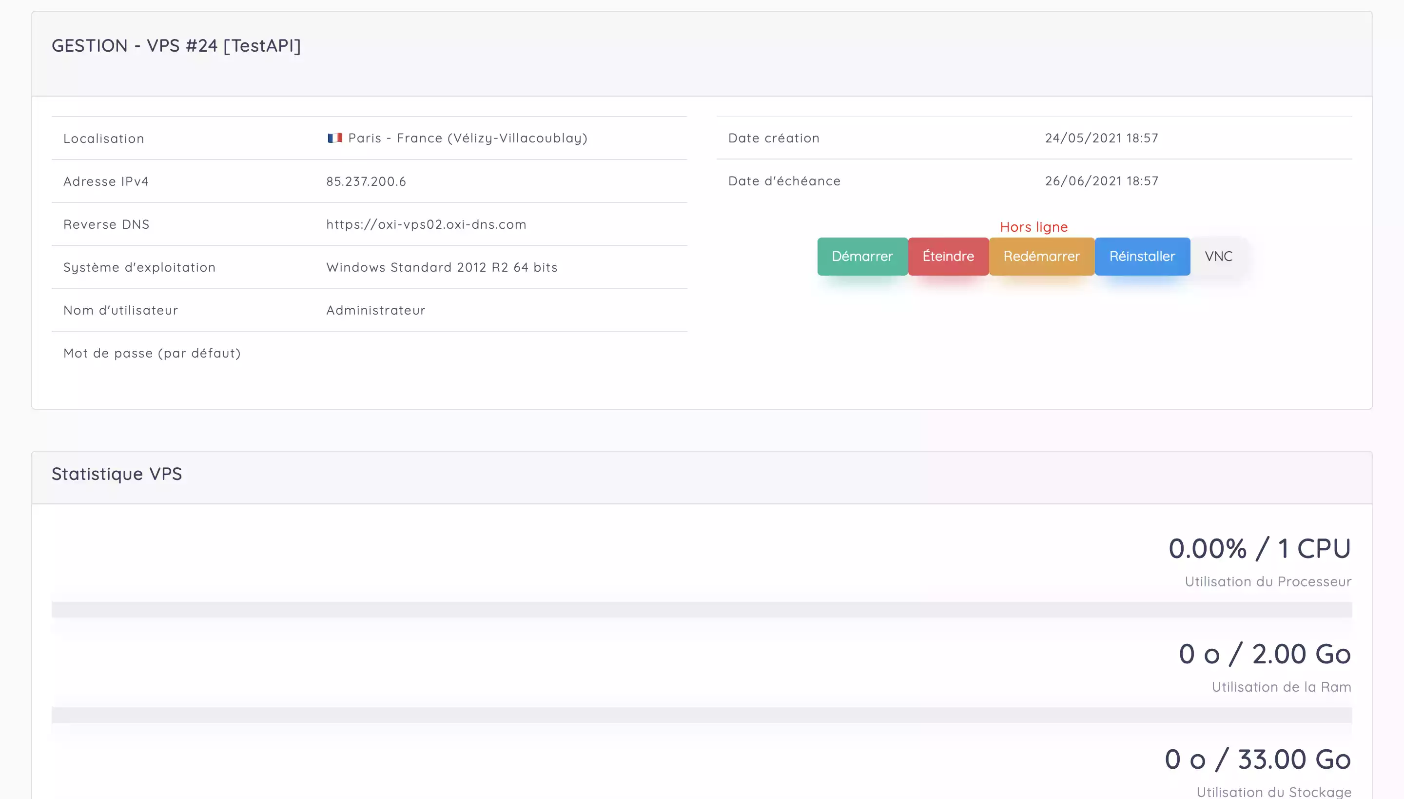 Capture d'écran d'interface de l'espace client Oxidia-Cloud